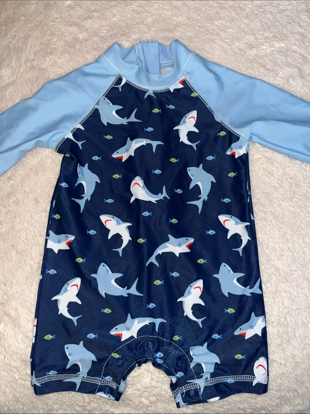Little Me Navy Shark Print Rashguard with Light Blue Sleeves